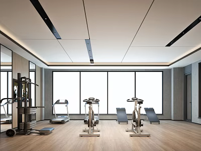 Modern Fitness Gym With Spacious Interior Various Workout Equipment Large Windows And Wooden Flooring 3d model