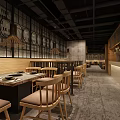 Modern Hotpot Restaurant Interior With Wooden Tables Chairs Decorative Walls And Warm Lighting