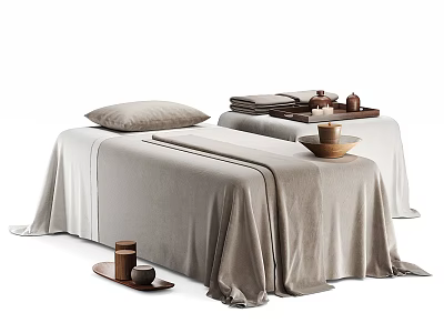 Elegant Massage Bed with Soft Linen Sheets Pillow and Wooden Tray Cups 3d model