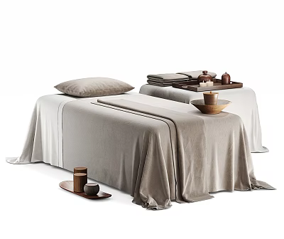 Elegant Massage Bed with Soft Linen Sheets Pillow and Wooden Tray Cups 3d model