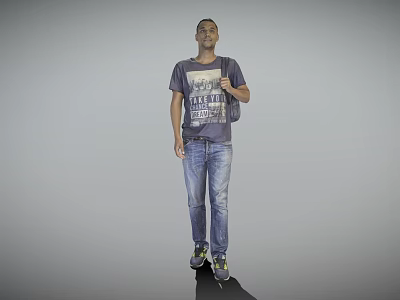 Man Standing In Grey Background Wearing Casual Graphic T-Shirt Blue Jeans And Backpack 3d model