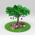 Green Tree With Hanging Gift Boxes And Gifts Surrounded By Small Deer On Grass