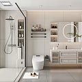 Modern Bathroom Interior Design With Shower Toilet Vanity Round Mirror Shelves And Blinds