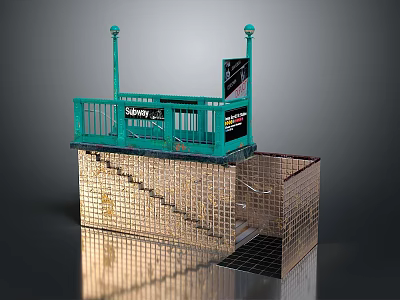 Subway Station Entrance Building With Green Structure Staircase Metal Railings And Billboard 3d model