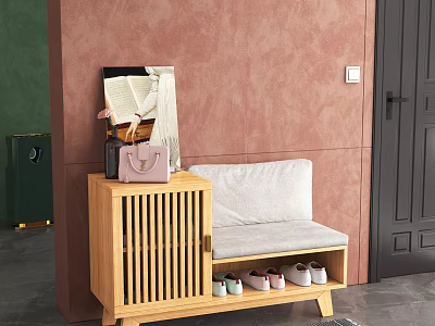 Wooden Shoe Cabinet With Bench Pink Handbag Open Book Scarf And Shoes Against Pink Wall 3d model