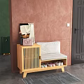 Wooden Shoe Cabinet With Bench Pink Handbag Open Book Scarf And Shoes Against Pink Wall