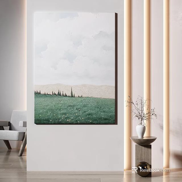 Interior With Wall Art Green Meadow Distant Mountains Sky White Vase Small Table Gray Chair 3d model 