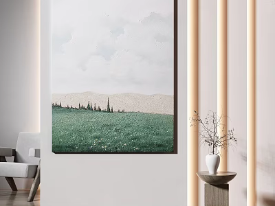 Interior With Wall Art Green Meadow Distant Mountains Sky White Vase Small Table Gray Chair 3d model