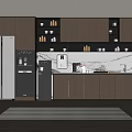 Modern Kitchen With Dark Cabinets Coffee Machine And Microwave Marble Countertop Striped Rug On Floor
