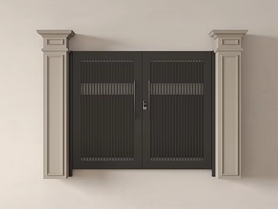 Black Double Doors With Vertical Grilles And Decorative Side Columns On Beige Wall Design 3d model