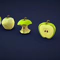 Green Apples Displaying Different Eating Stages from Whole to Core 3d model