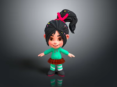 Game Movie Character With Black Hair Pink Bow Green Hoodie Brown Skirt Smiling Open Arms 3d model