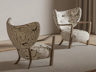 Stylish Accent Chairs With Unique Marble Pattern And Brown Wooden Frame In Modern Interior 3d model