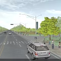 Modern Urban Road Infrastructure with Street Lights Green Belts and Pedestrians