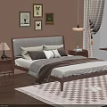 Modern Wooden Double Bed With Upholstered Headboard Side Tables Lamps Decorative Paintings And Rug