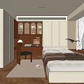 Modern Tatami Bedroom With Wooden Desk Chair Table Lamp Laptop And Glass Door Cabinets