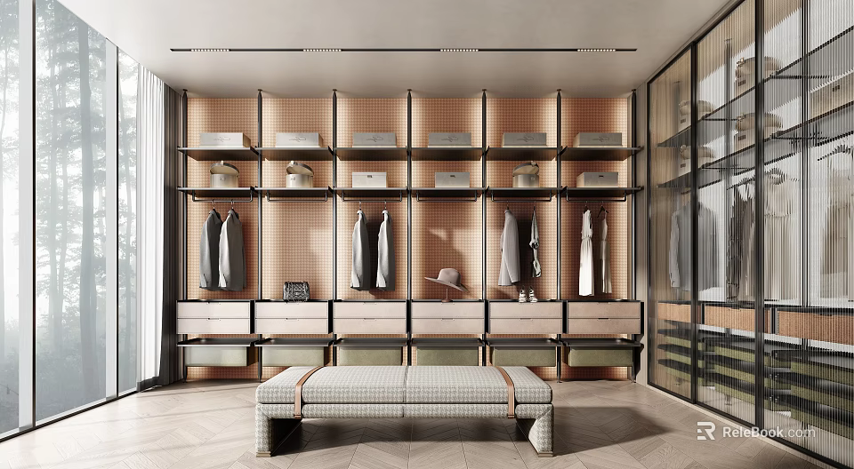Modern Walk in Closet Interior Design With Organized Shelves Hanging Clothes And Bench 3d model 