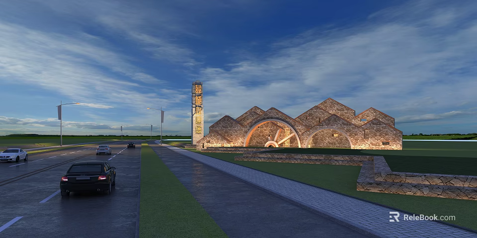 Urban Road Facilities With Street Lights Sidewalks Greenery And Adjacent Architectural Structures 3d model