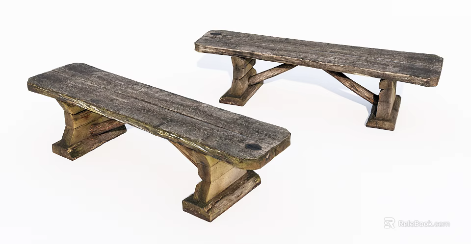 Rustic Wooden Bench Pair With Weathered Surface And Sturdy Cross Leg Design 3d model 