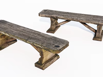 Rustic Wooden Bench Pair With Weathered Surface And Sturdy Cross Leg Design 3d model