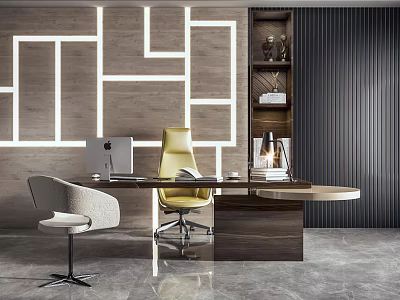 Modern Office Desk with Yellow Chair Gray Chair Laptop Table Lamp and Geometric Light Wall 3d model