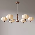 Modern Chandelier With Wooden Metal Frame And Five Beige Spherical Shades