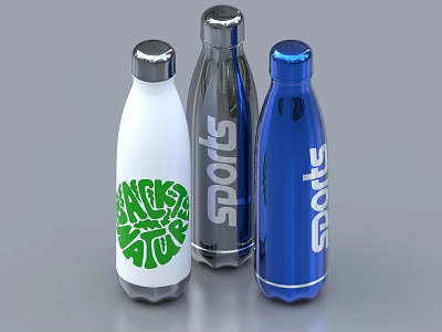 Stainless Steel Sports Water Bottles With White Silver Blue Design And SPACE AGE Sports Text 3d model