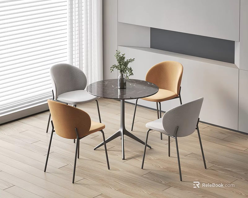 Round Table And Chairs Set With Gray Orange Chairs White Blinds Light Walls Wood Flooring 3d model 