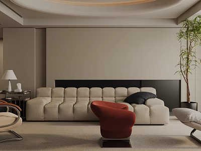 Modern Living Room Interior With Plush Beige Sofa Red Accent Chair And Tall Plant 3d model