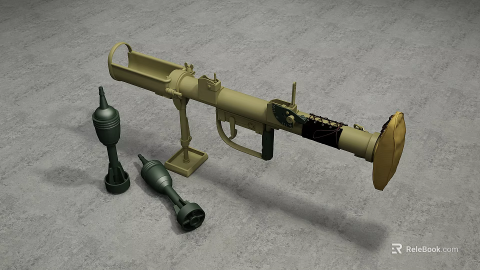 Military Green Rocket Launcher With Two Rocket Projectiles Displayed on Gray Surface 3d model