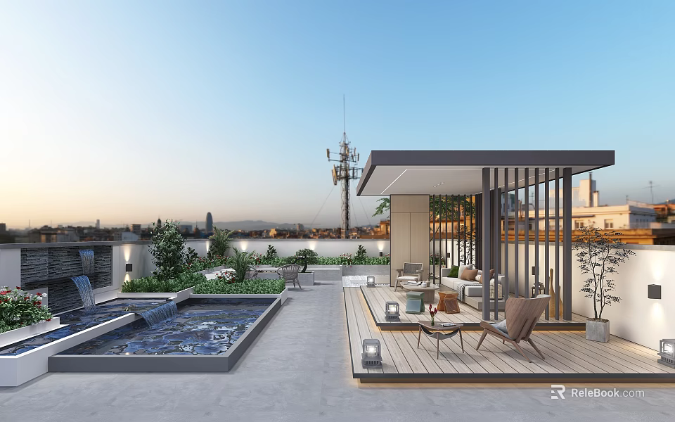 Rooftop Garden Landscape With Water Pool Wooden Deck And Seating Area 3d model 