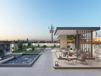 Rooftop Garden Landscape With Water Pool Wooden Deck And Seating Area 3d model