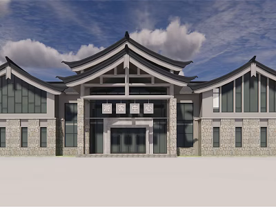 Traditional Chinese Style Visitor Center With Overhanging Eaves Stone Walls And Glass Windows 3d model