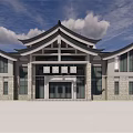 Traditional Chinese Style Visitor Center With Overhanging Eaves Stone Walls And Glass Windows