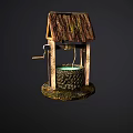 Decorative Garden Ornament Featuring Small Well With Thatched Roof Stone Structure And Wooden Frame Design