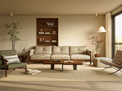 Cozy Living Room Interior Design With Beige Sofa Wooden Shelf Coffee Table And Green Plant 3d model