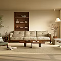 Cozy Living Room Interior Design With Beige Sofa Wooden Shelf Coffee Table And Green Plant