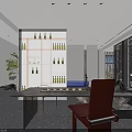 Modern Interior Space With Wine Rack Table Red Chair Green Plants And Stones