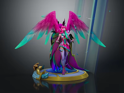 Fantasy Character With Vibrant Feathered Wings Ornate Attire Golden Pedestal And Shining Details 3d model