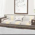 Traditional Chinese Style Three Seater Sofa With Carved Armrests And Decorative Pillows In Living Room