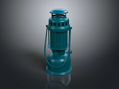 Teal Vintage Candle Lantern with Metal Handle and Grid Design on Black Surface with Reflection 3d model