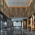 Modern Hotel Lobby Interior With Glass Windows Hanging Lights And Comfortable Sofa Seating