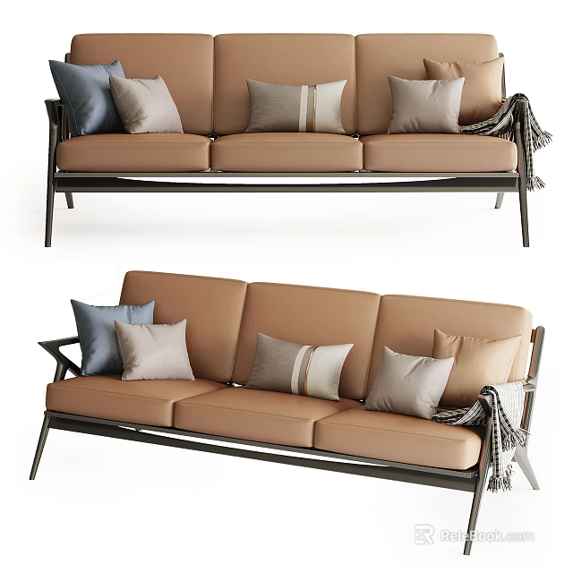 Modern Multi-seater Sofa Featuring Soft Throw Pillows Plaid Blanket And Metal Frame 3d model