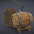Wooden Storage Barrels With Axe Faucet And Metal Bands For Home Use