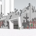 Modern Architectural Building With Hexagonal Honeycomb Facade Red Frame Glass Elements And High Rise Background 3d model