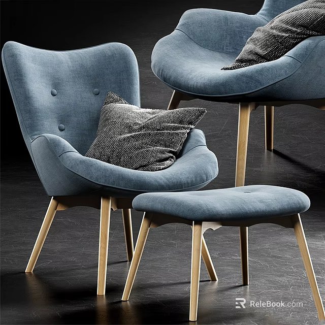 Blue Leisure Chairs With Gray Decorative Pillows And Light Wooden Legs And Ottoman 3d model 