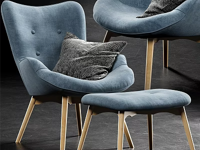 Blue Leisure Chairs With Gray Decorative Pillows And Light Wooden Legs And Ottoman 3d model