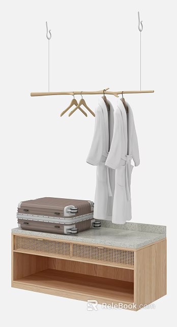 Practical Storage Cabinet Rack With Wooden Hangers White Robes And Brown Suitcase On Countertop 3d model 