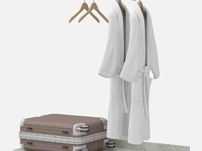 Practical Storage Cabinet Rack With Wooden Hangers White Robes And Brown Suitcase On Countertop 3d model