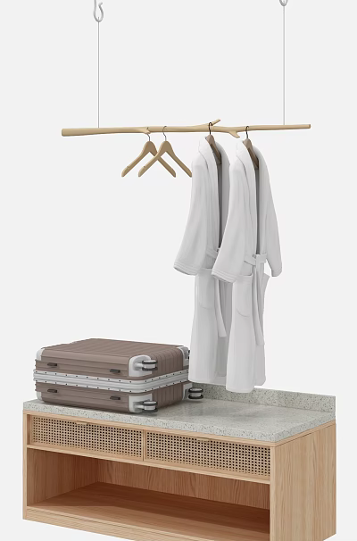 Practical Storage Cabinet Rack With Wooden Hangers White Robes And Brown Suitcase On Countertop 3d model